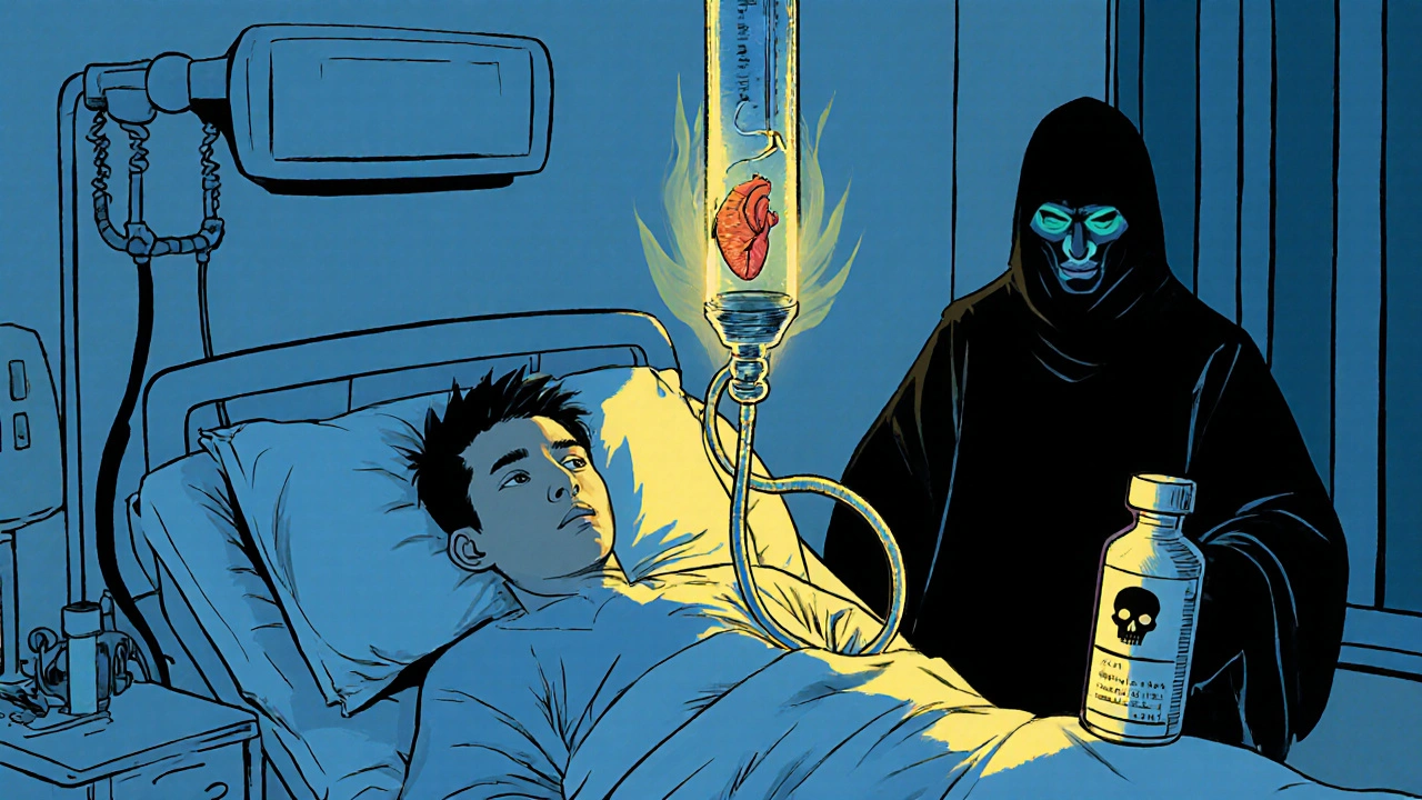 A post-transplant patient with a central line, a yeast organism crawling toward their heart, and a dangerous supplement bottle looming.