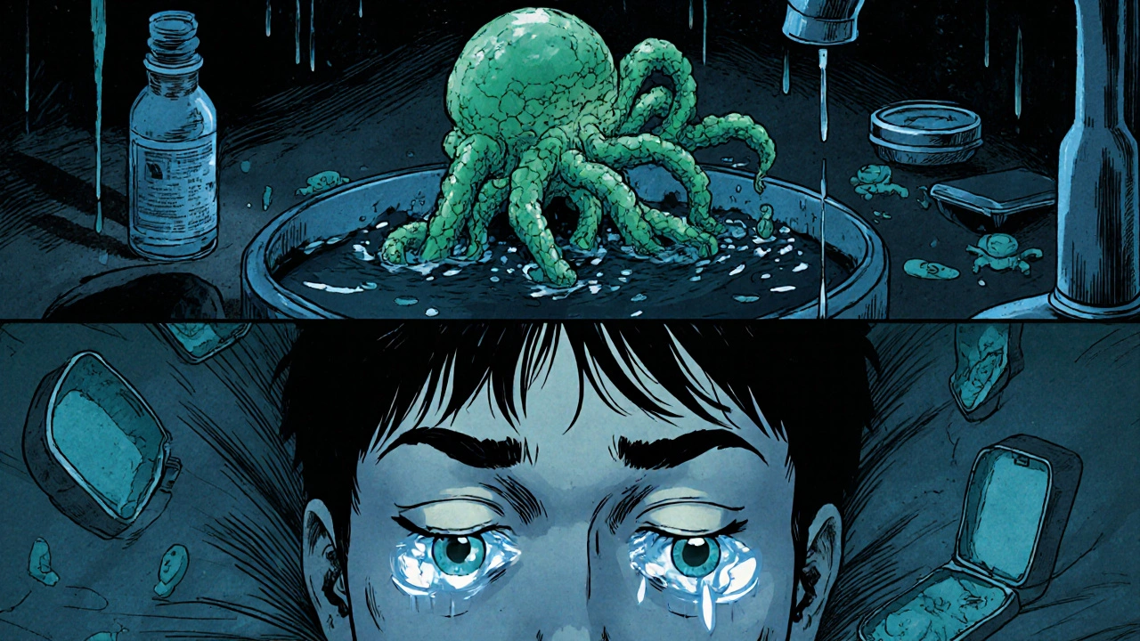 A sleeping person with contact lenses while a parasitic organism spreads from a dripping tap into their eye.