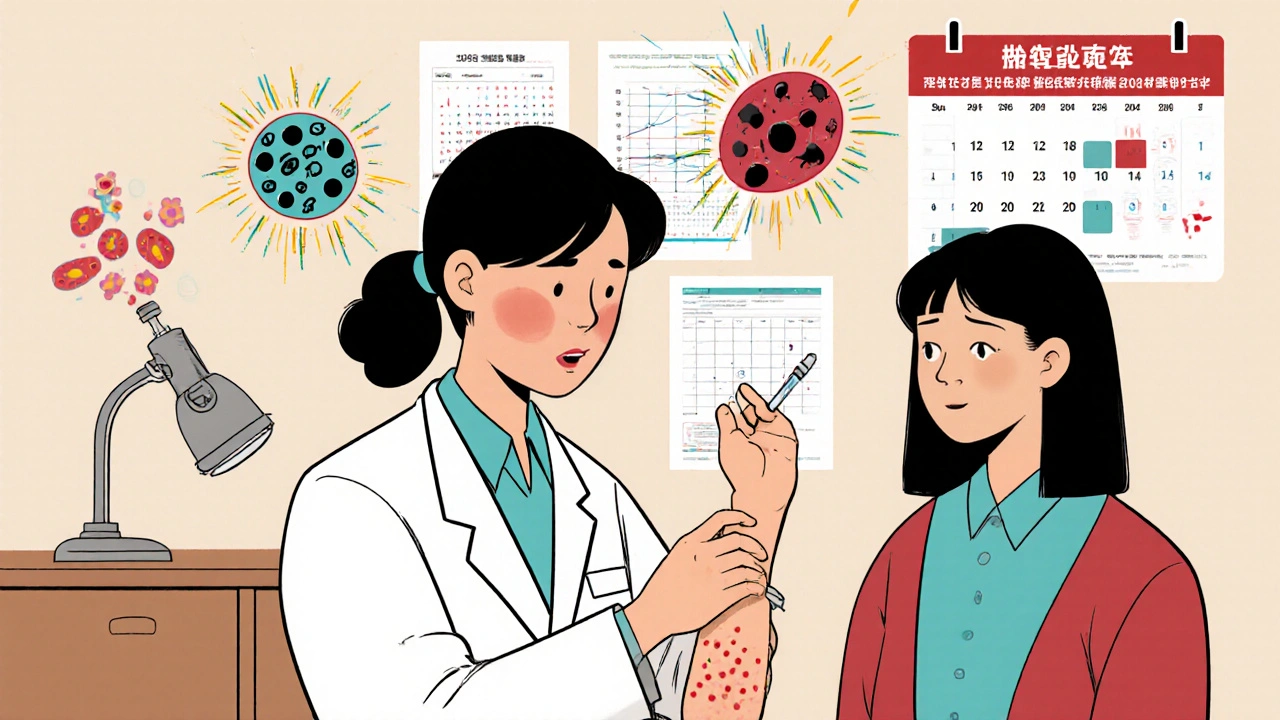 A teen getting a skin prick test as allergens and immune cells react dramatically in a clinic setting.