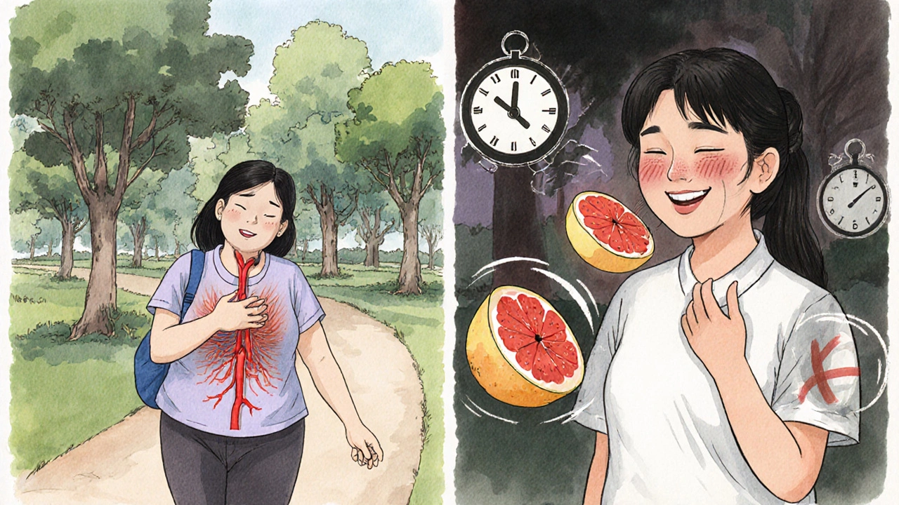 A woman experiencing relief from angina as her arteries open up, with grapefruit and a clock symbolizing drug safety and timing.