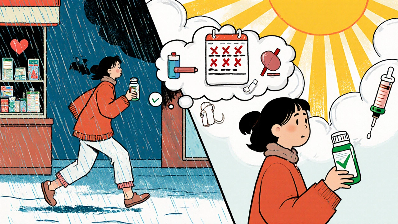 A woman transitions from rushing in the rain to calmly leaving the pharmacy with a 90-day pill box.