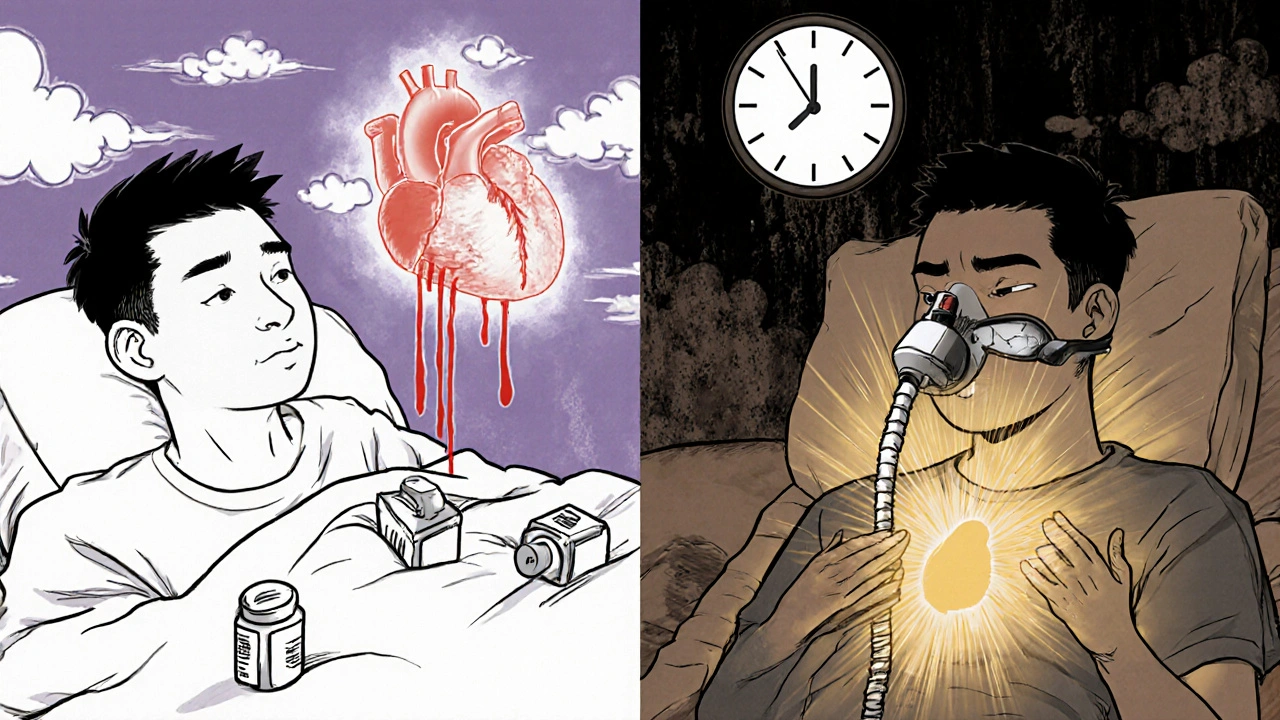 A young man with high blood pressure is shown at night: one side shows his heart in distress, the other calmed by CPAP therapy.