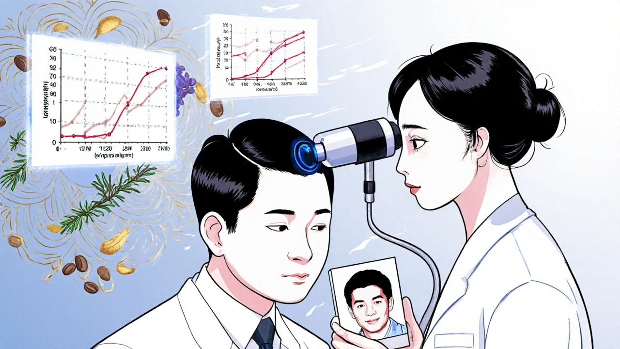 Dermatologist using a dermoscope while holograms show hair growth data and herbal remedies.