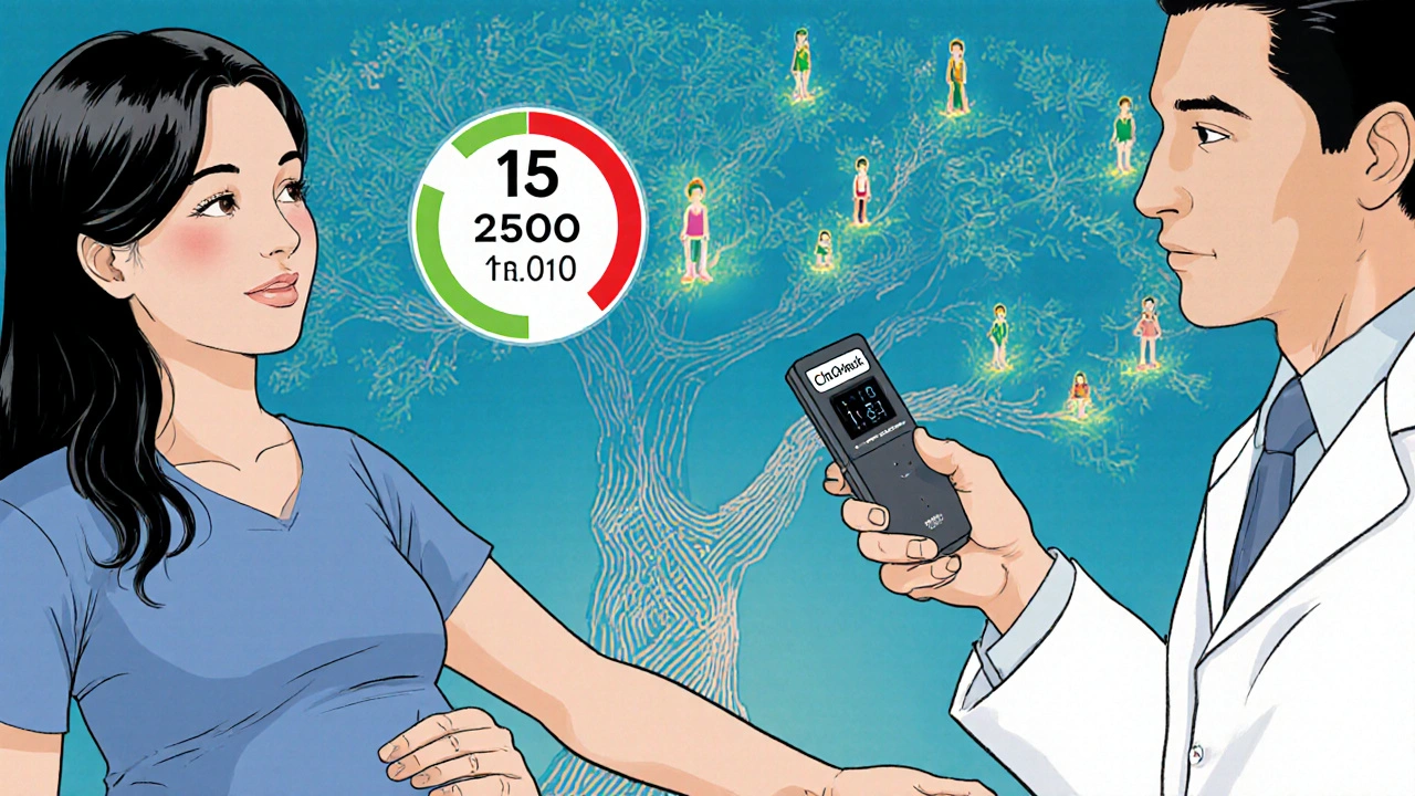 Doctor using a handheld device to test bile acids during pregnancy, with family history graphic nearby.