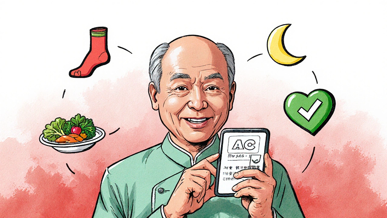 Elderly man smiling at his A1C result, surrounded by icons of healthy habits like walking, food, and sleep.