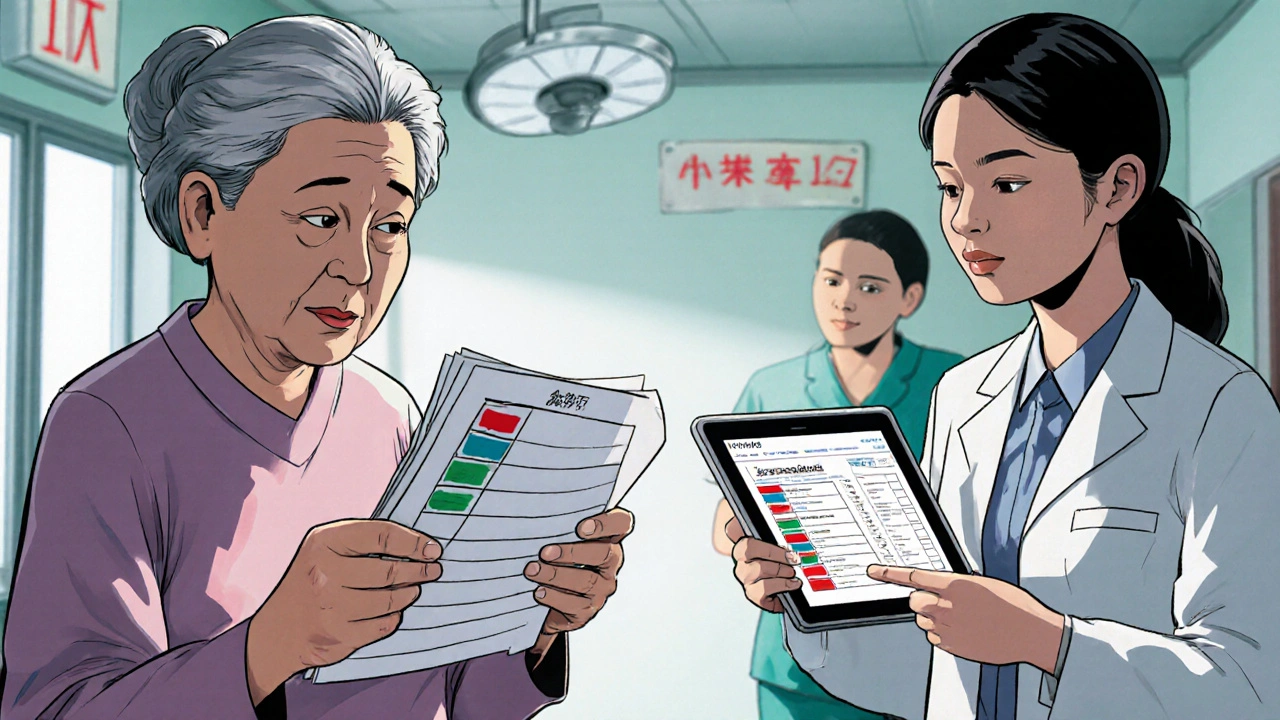 Elderly woman handing a color-coded medication list to a doctor in the ER.