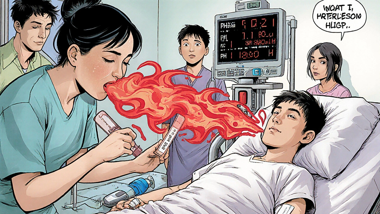 Emergency medical team treating a teen with DKA, IV fluids and ketone strip glowing red, broken insulin pump on floor.