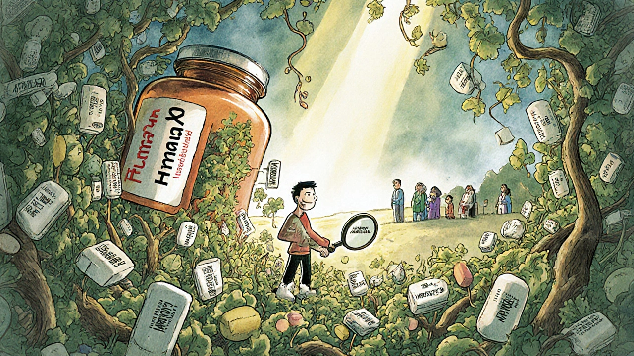 Giant pill bottle entangled in patent vines as generic hero cuts through to reveal affordable medicine.