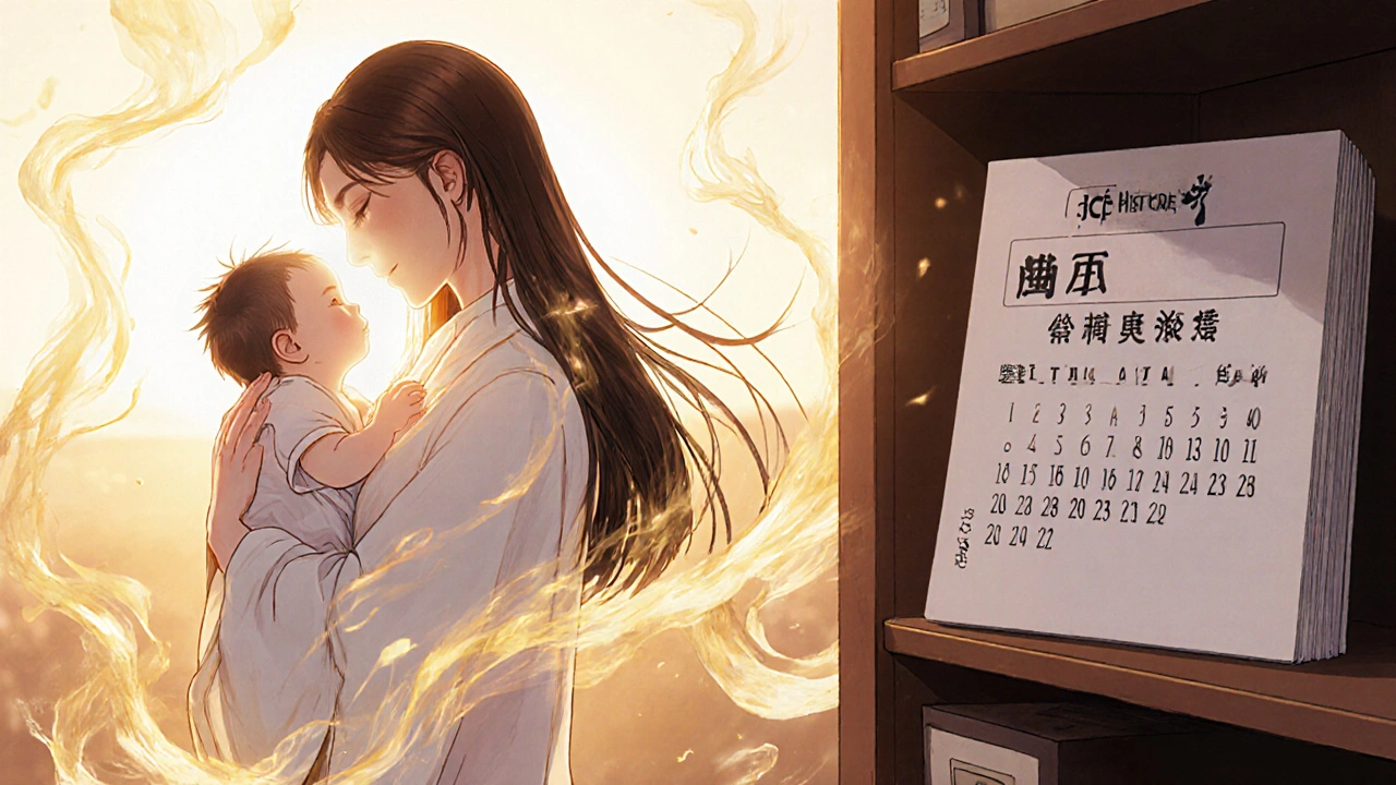 New mother holding baby at sunrise as bile acids fade away, medical file visible in background.