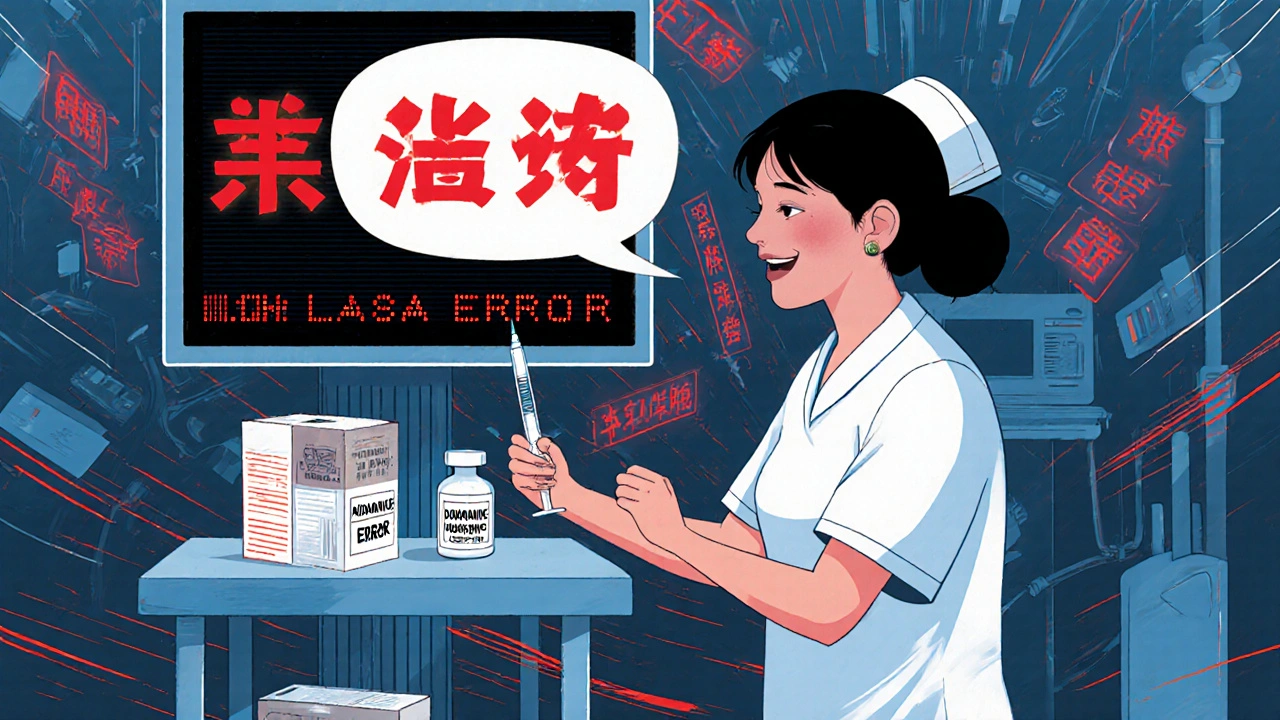 Nurse about to administer dopamine but alerted to a mix-up with dobutamine by a digital warning on a monitor.