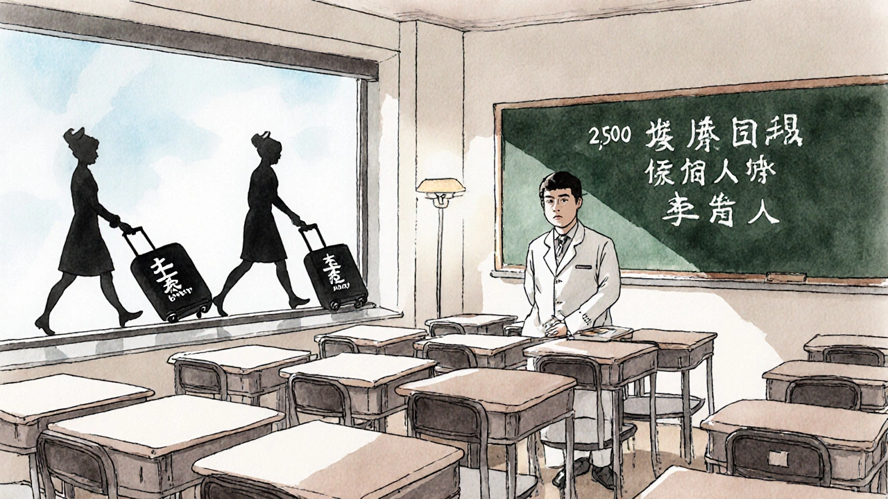 Nursing professor in empty classroom, 20 vacant chairs, applicants turned away noted on chalkboard.