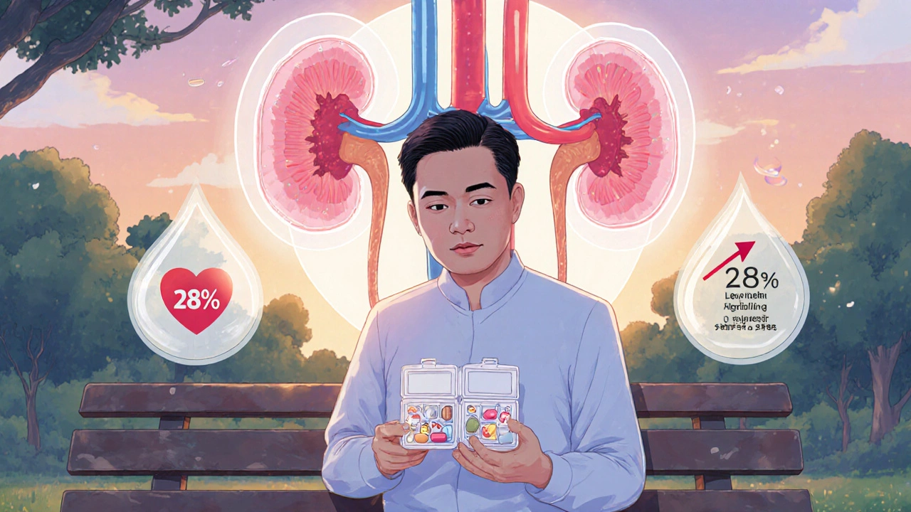 Patient takes kidney-protecting pills on a bench as animated kidneys and health icons glow softly behind them.