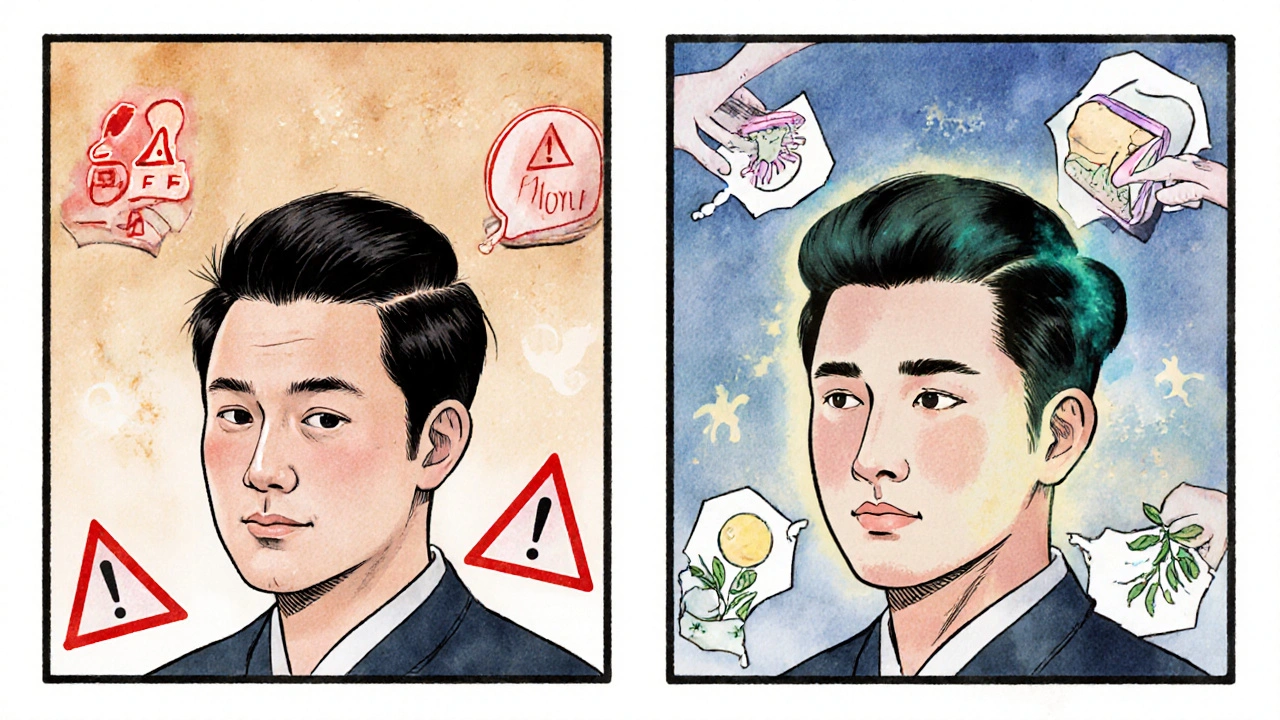 Side-by-side comparison of side effects from Morr F versus non-hormonal hair regrowth methods.