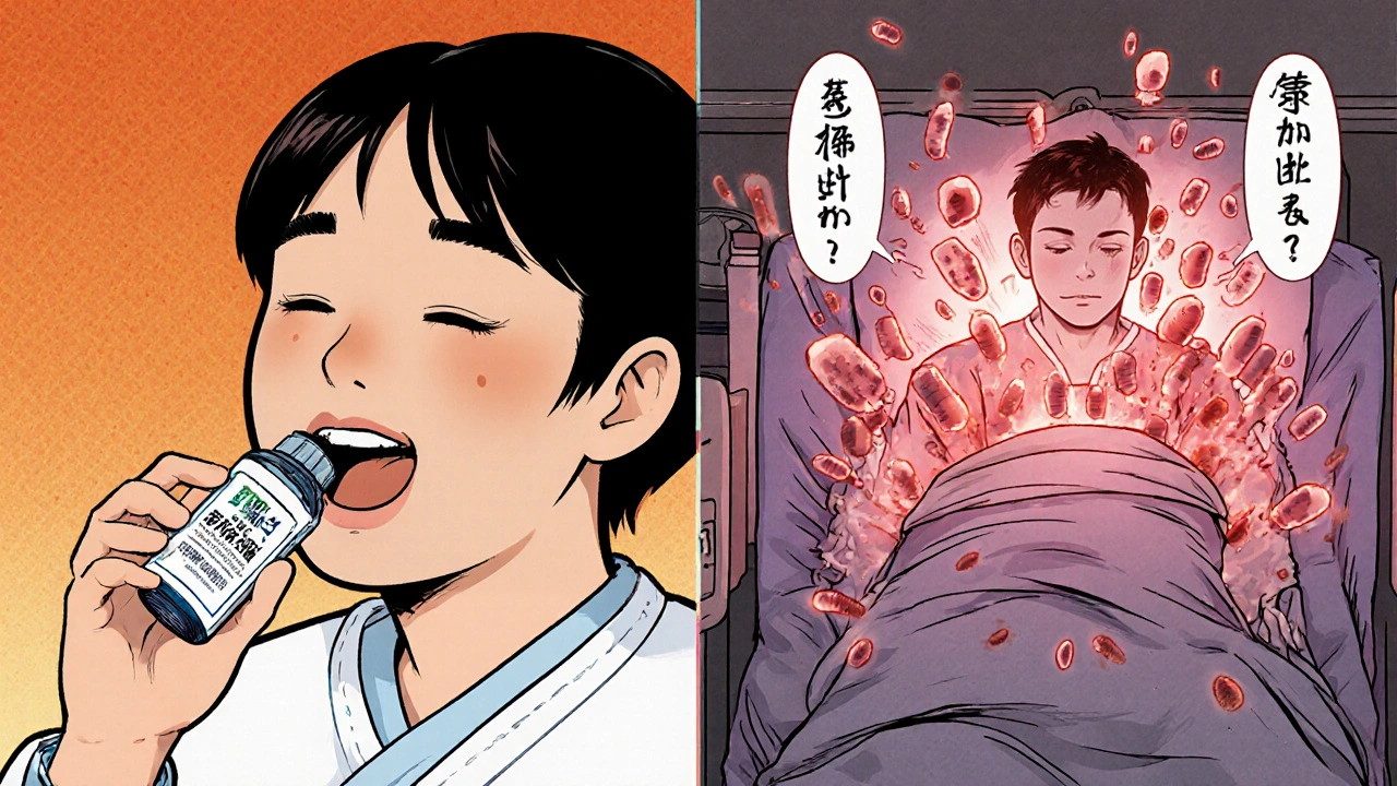 Split scene: a patient taking probiotics happily on one side, and the same patient in ICU with glowing infection on the other.