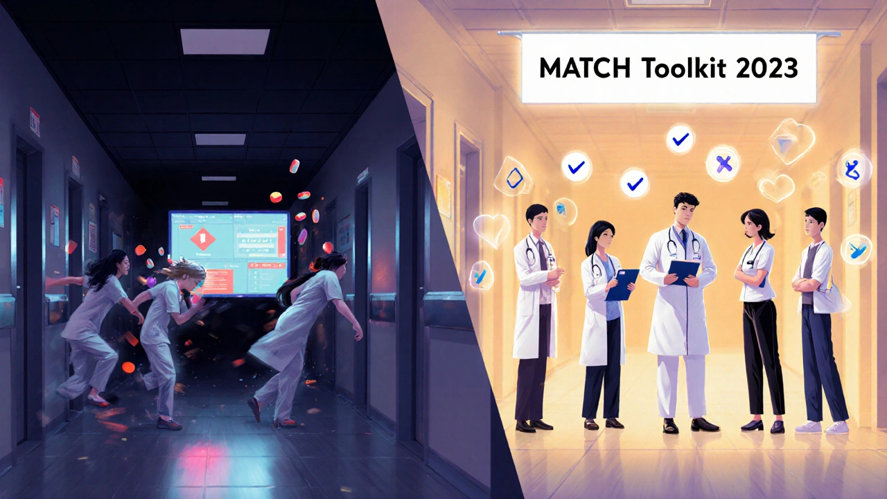 Split scene: chaotic hospital staff ignore error alerts vs. a calm team using the MATCH toolkit for safe transitions.
