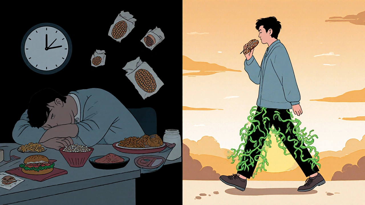 Split scene: man overwhelmed by unhealthy habits on one side, walking healthily under sunrise on the other.