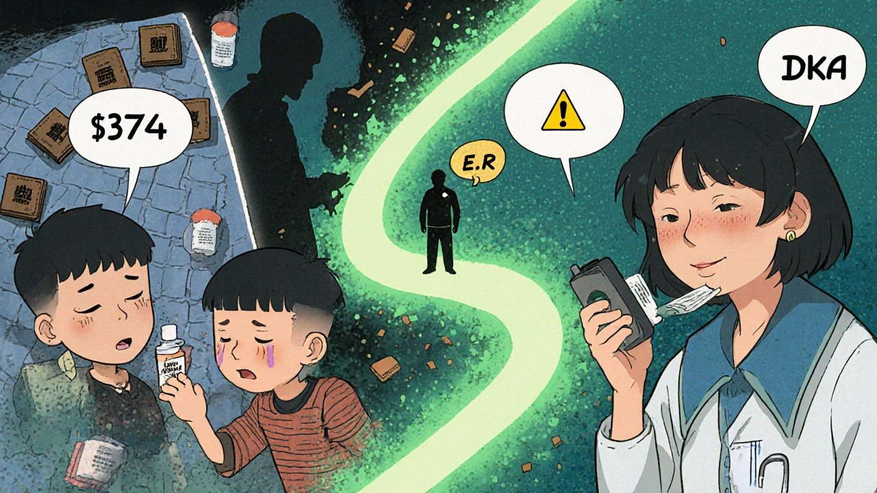 Split scene: one side shows insulin affordability crisis, other shows CGM alert preventing hospitalization.