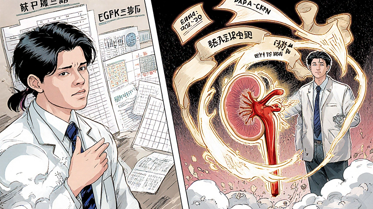 Split scene: outdated medical fear vs. modern evidence-based prescribing with data scrolls transforming a kidney.