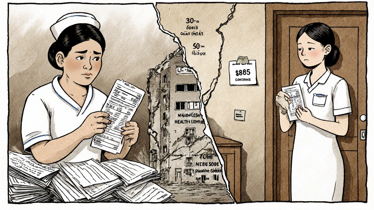Split scene: permanent nurse paid /hour vs. travel nurse paid 5/hour, hospital crumbling between them.