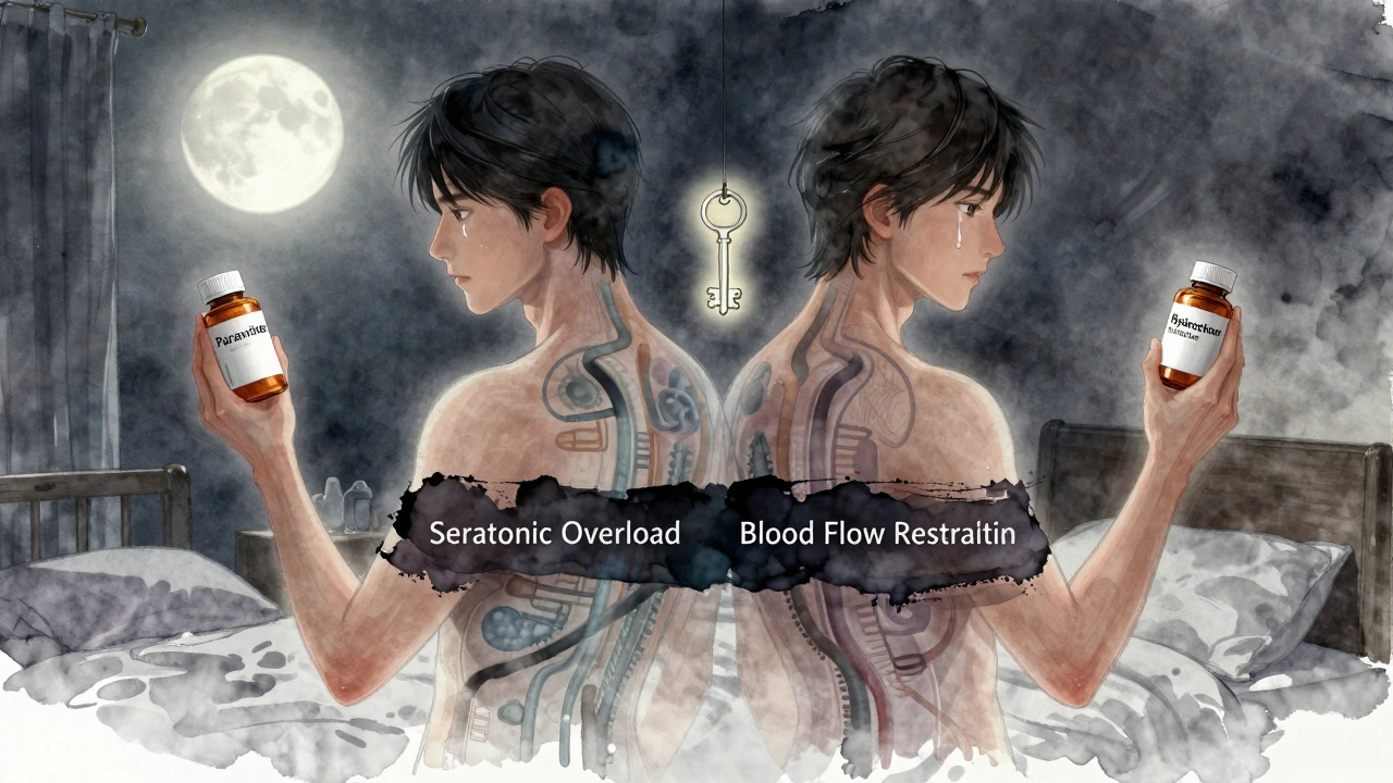 A couple stands back-to-back in moonlight, translucent bodies revealing blocked pathways from their medications.