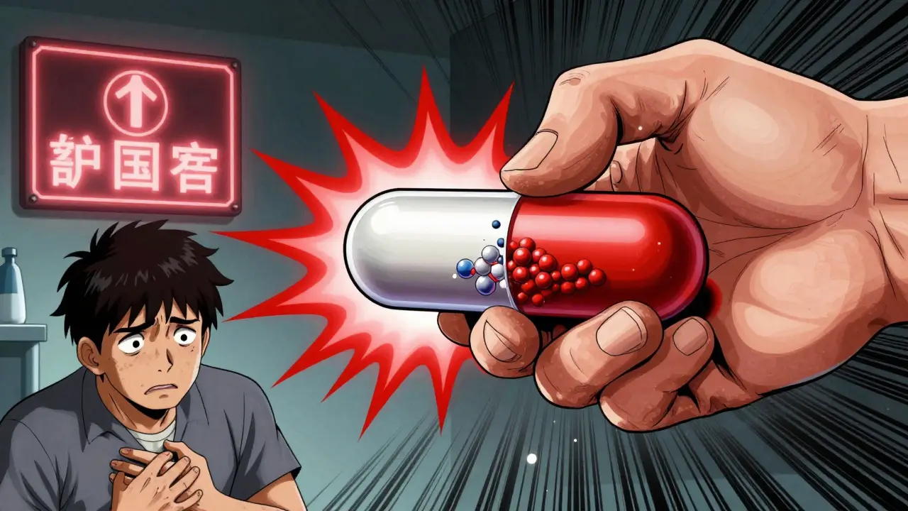 A crushed extended-release pill releasing a dangerous flood of medication with a shocked patient nearby.