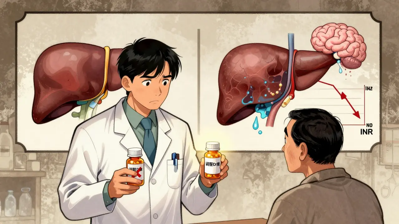 A doctor and pharmacist adjusting a medication dose for a patient with cirrhosis, contrasted with healthy vs. diseased liver processing.