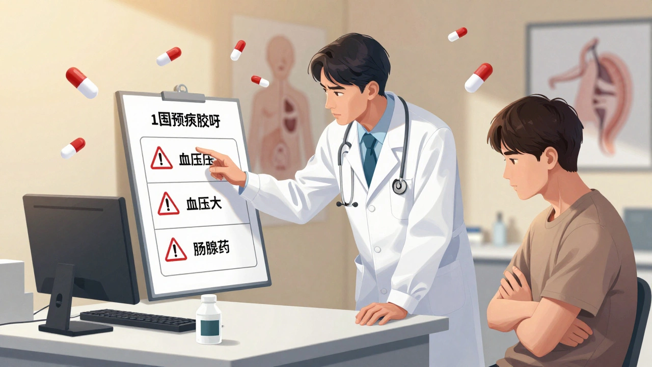 A doctor shows a patient a chart of medications causing sexual side effects, with warning symbols and floating pill icons.