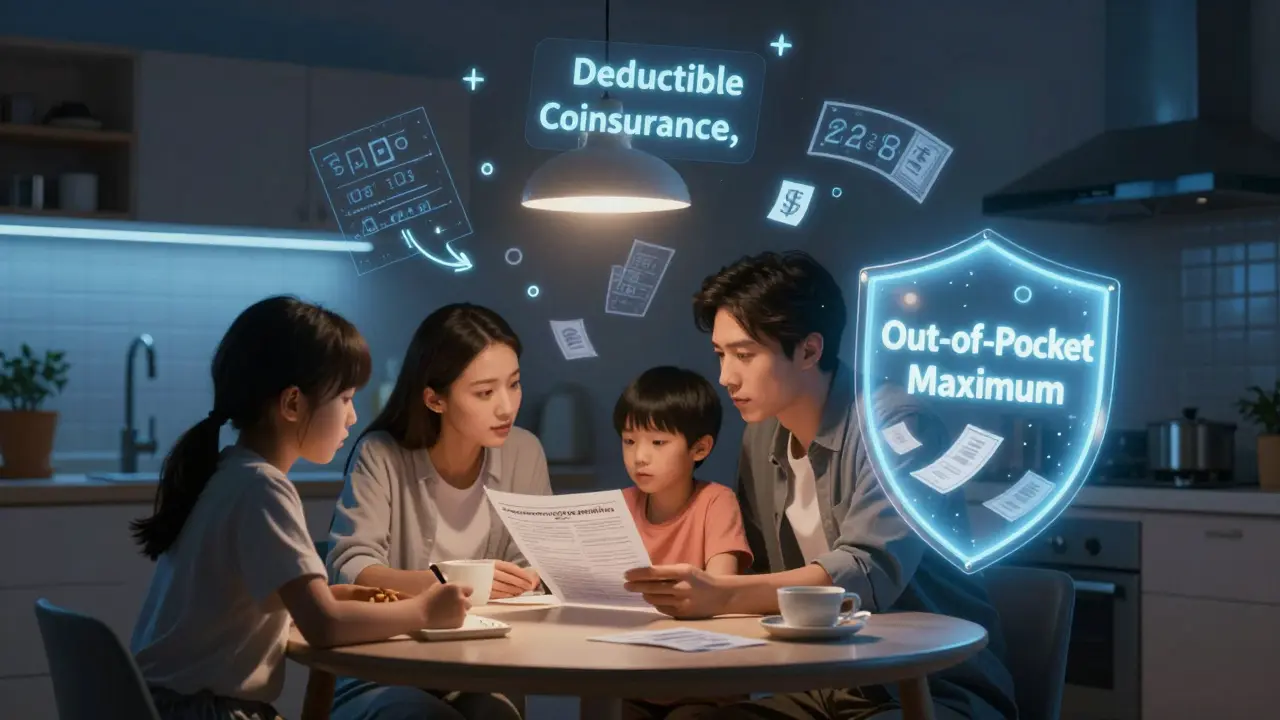 A family reviewing health plan details with floating cost numbers above them in soft lamplight, Chinese manhua style.