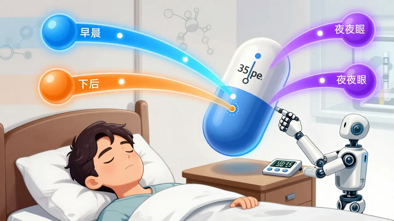 A futuristic multilayered pill releasing timed doses of medication for different times of day.