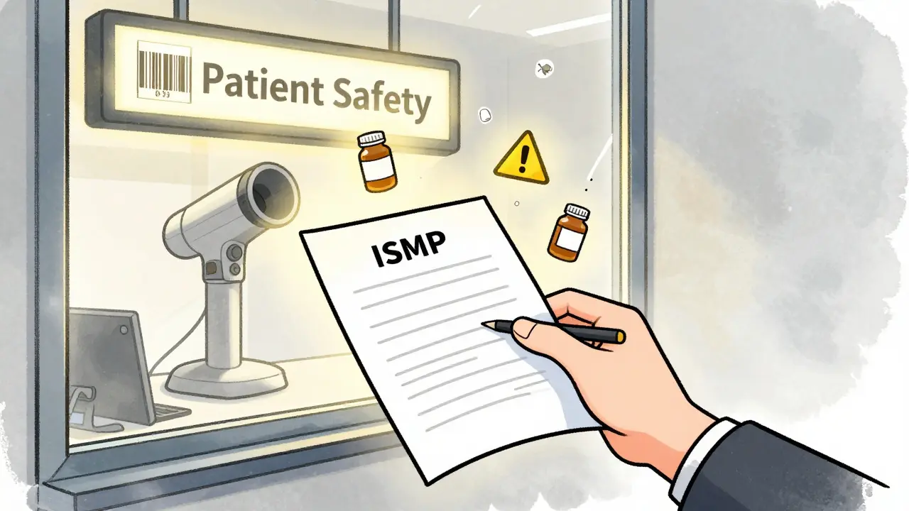 A hand submitting a medication error report to an office with safety symbols floating upward in a glowing light.