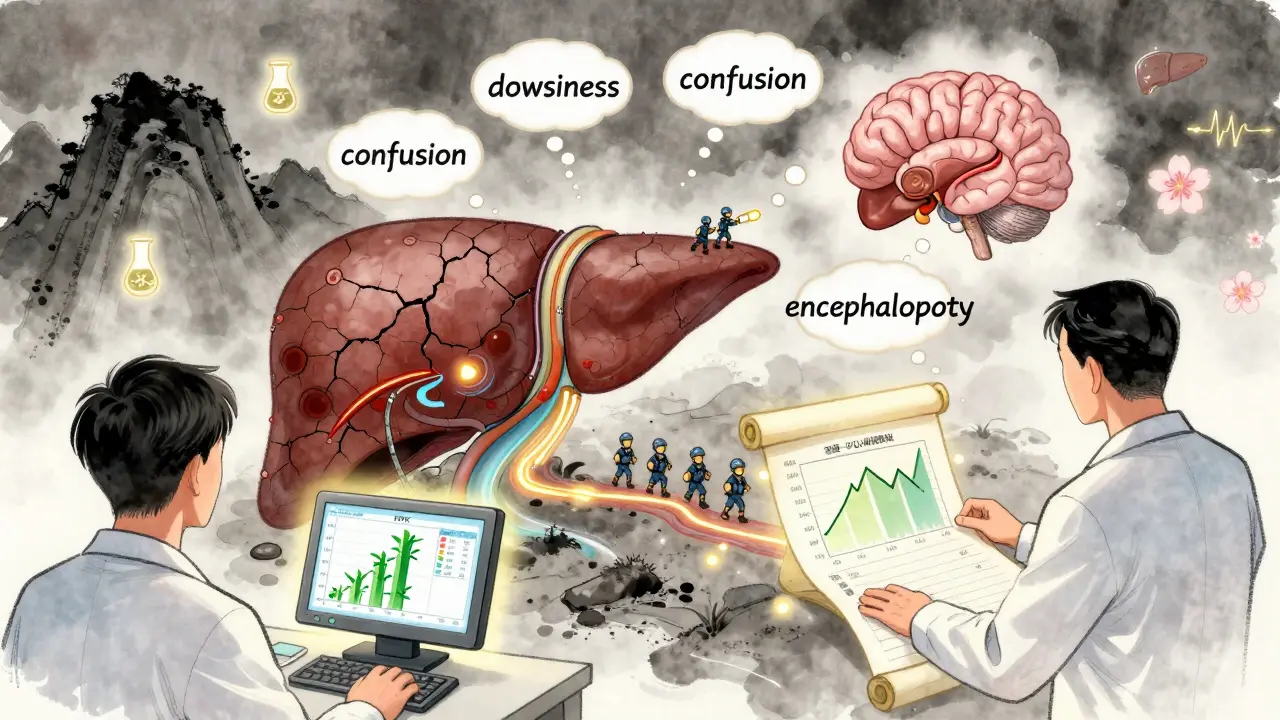 A patient's body as a landscape with drugs causing brain fog, while a pharmacist uses a glowing PBPK model to guide safe dosing.