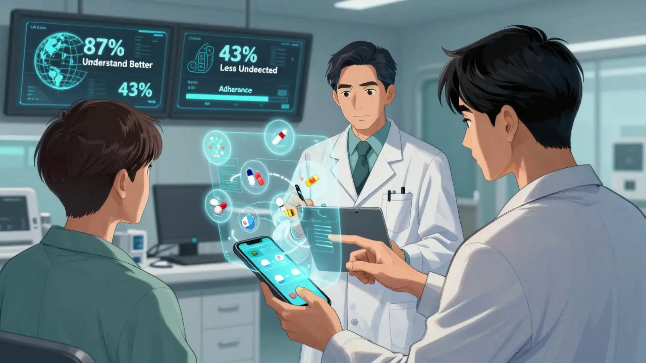 A patient interacting with a holographic medication decision tool in a modern clinic, showing improved adherence.