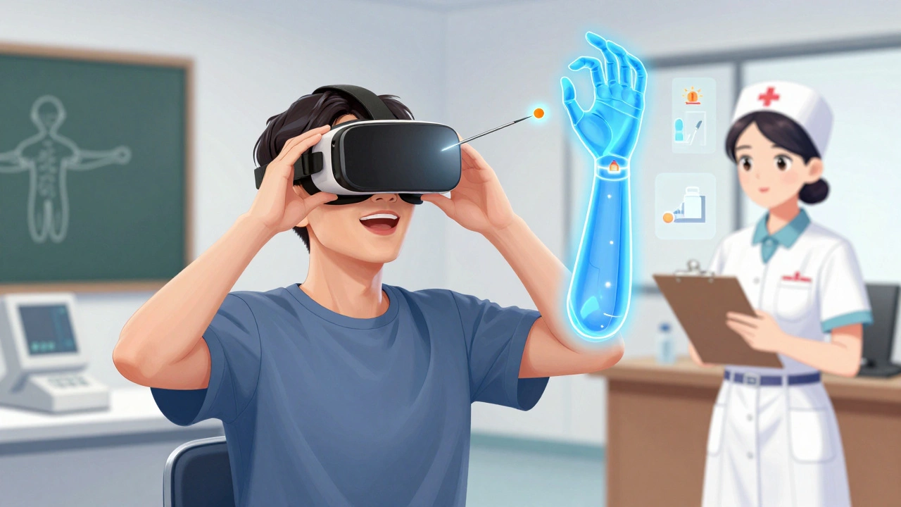 A patient using a VR headset to practice self-needling during home dialysis training.