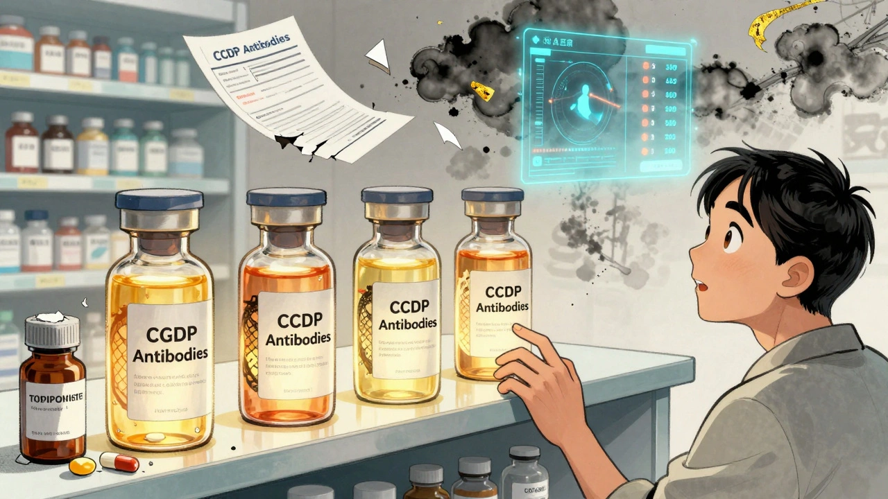 A pharmacy shelf with advanced migraine treatments towering over old pills, a patient reaching for hope amid broken insurance forms.