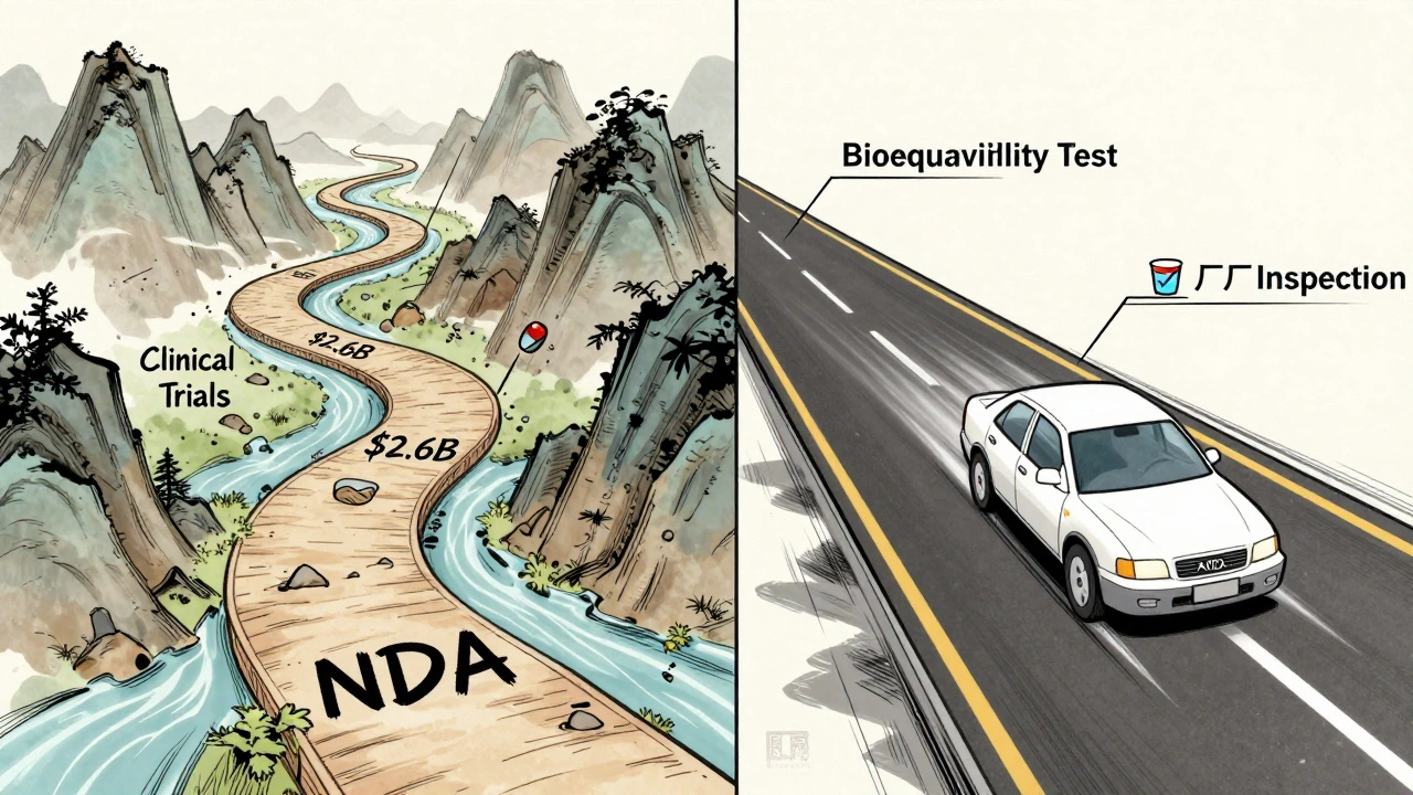 A winding path of costly NDA trials contrasts with a smooth ANDA highway leading to generic approval.