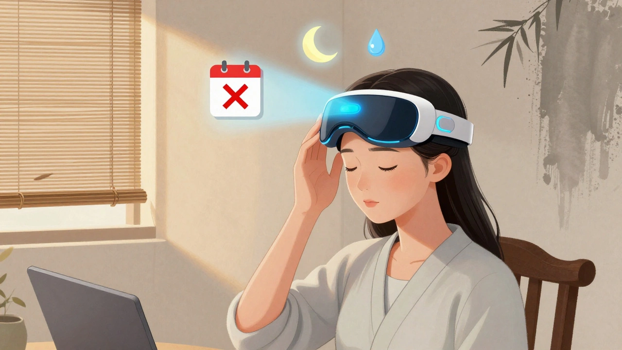 A woman using a headband device for migraine prevention at dawn, with floating icons of reduced headache days.
