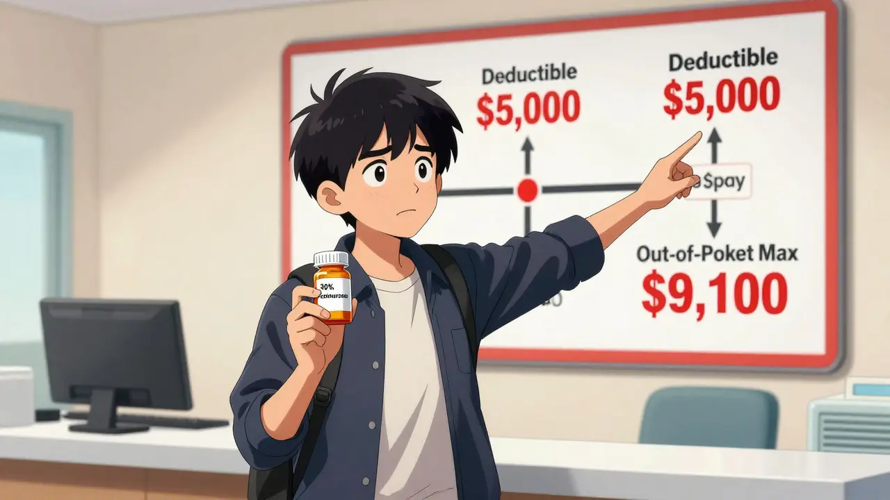 A young adult realizing how deductible, copay, and coinsurance work at a hospital counter in manhua style.