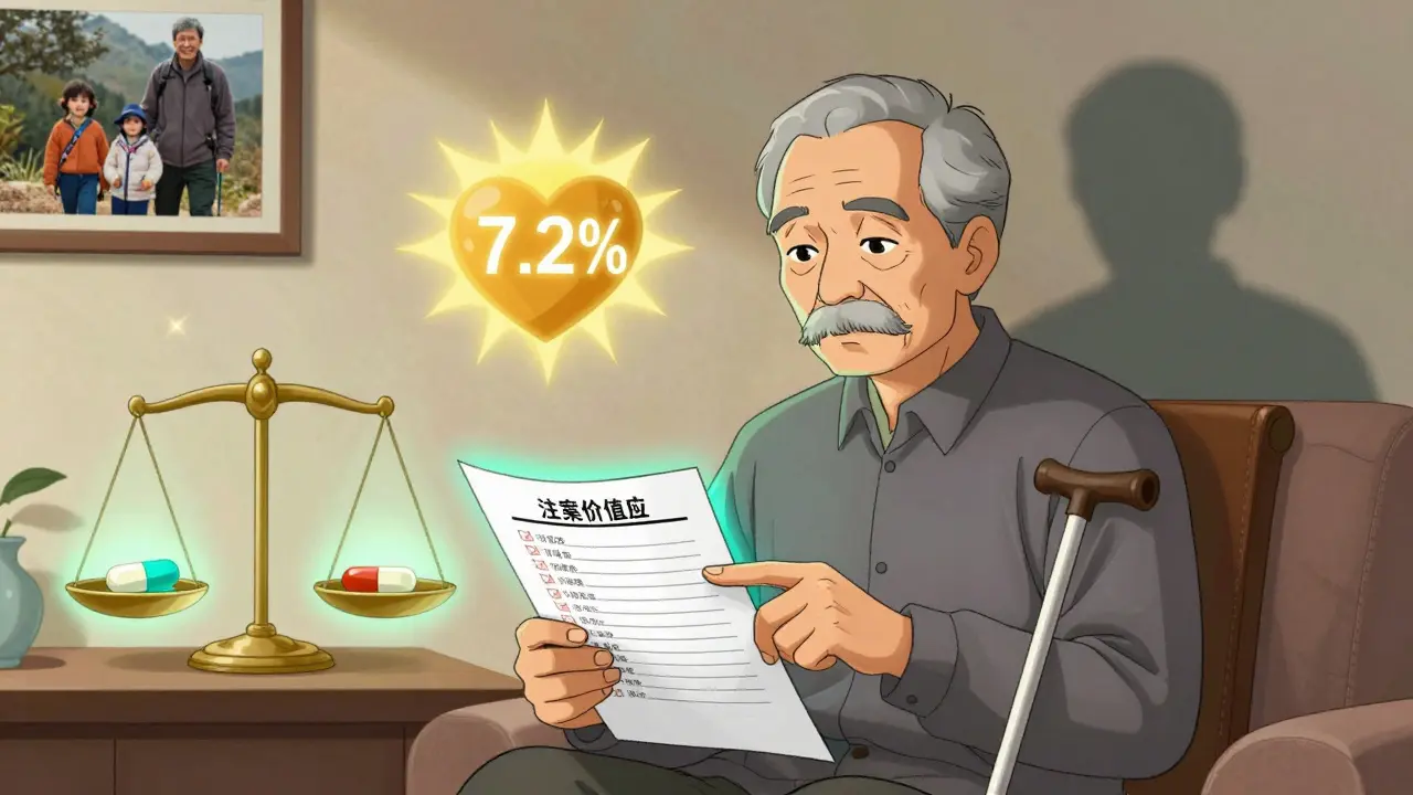 An elderly man at home using a decision aid with visual scales balancing medication against active living.