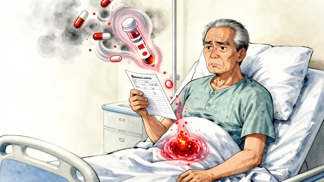 An elderly man receiving magical potassium-binding powder that removes excess potassium from his body.