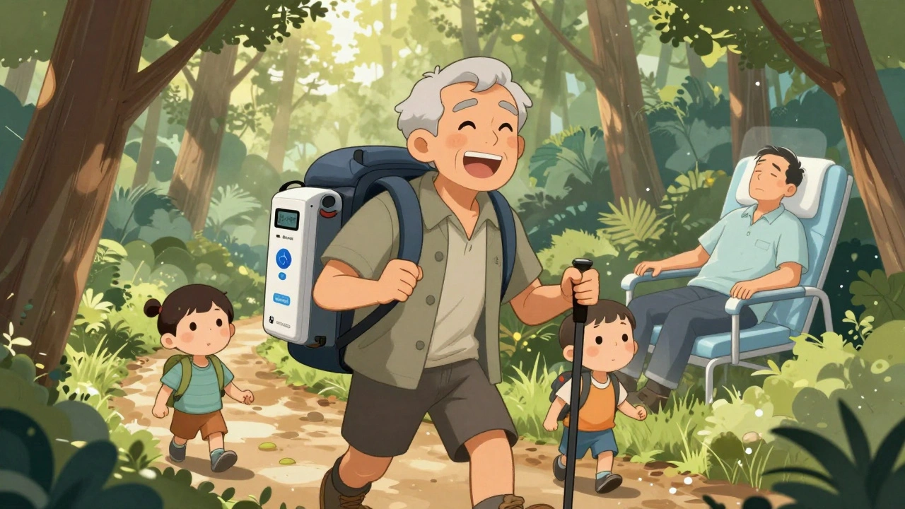 An energetic senior man hiking with grandchildren, carrying a portable dialysis device.