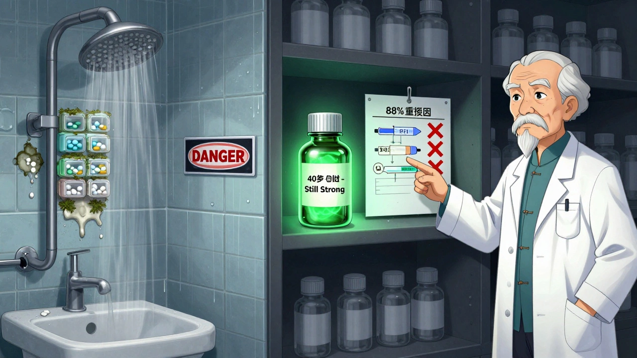 Contrast between ruined pills in a bathroom and preserved ones in a dark closet, manhua style.