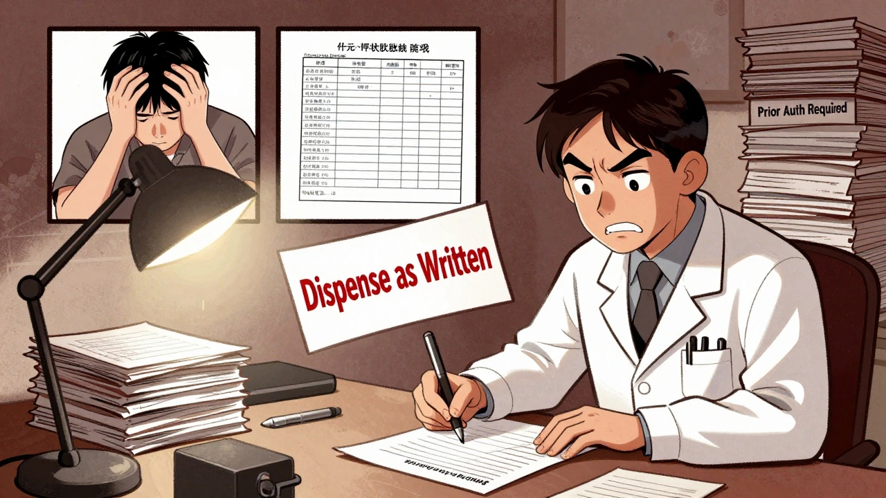Doctor writing &#039;Dispense as Written&#039; on prescription while insurance forms and lab results float nearby.