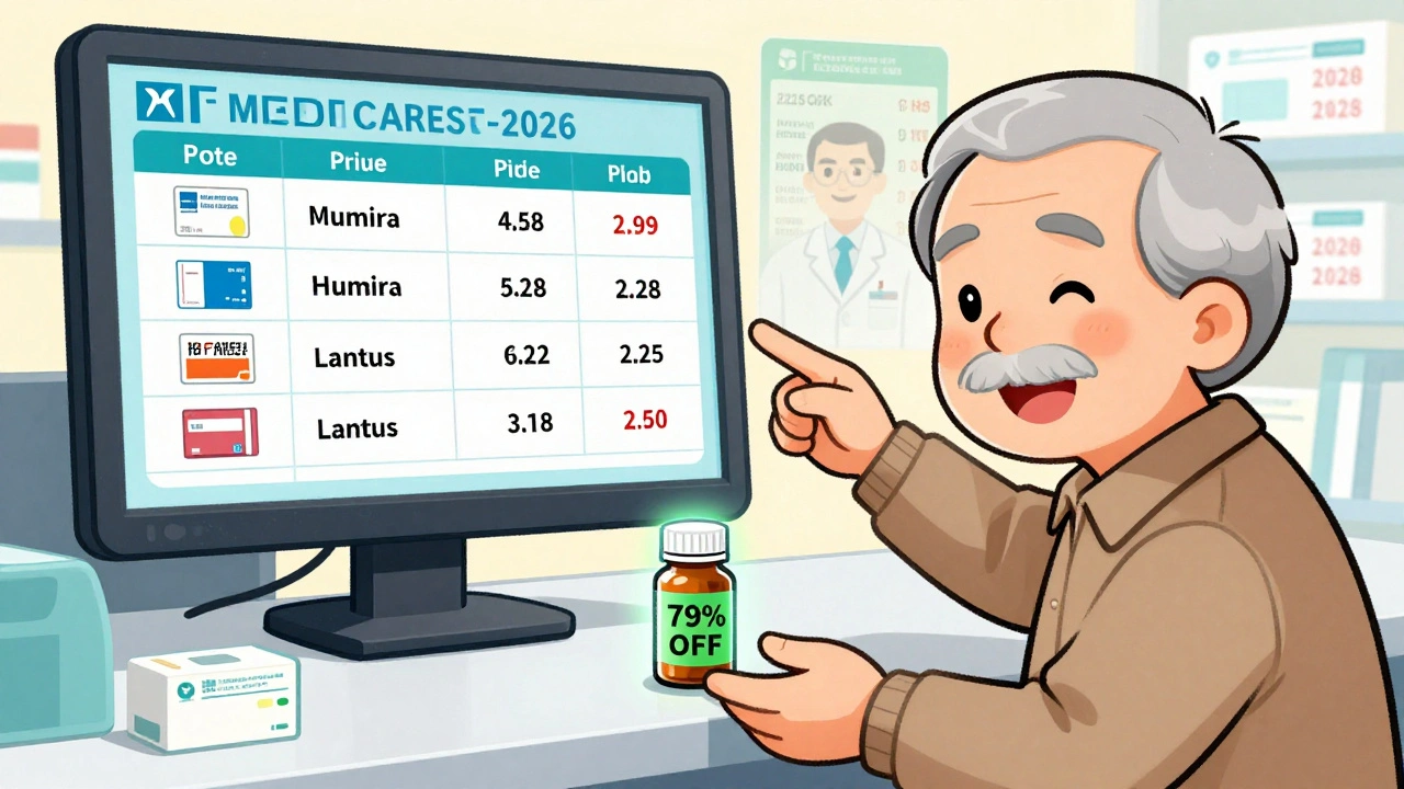 Elderly patient smiling at pharmacy with discounted prescription, price tags showing 79% off from 2022 rates.