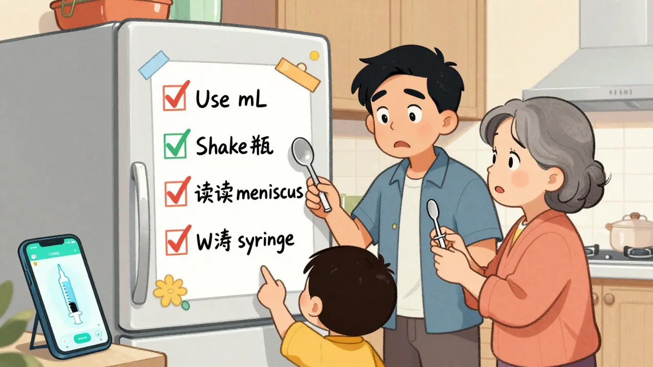 Family fridge covered in a colorful dosing checklist, with parent and grandparent debating medicine tools while child points to the chart.