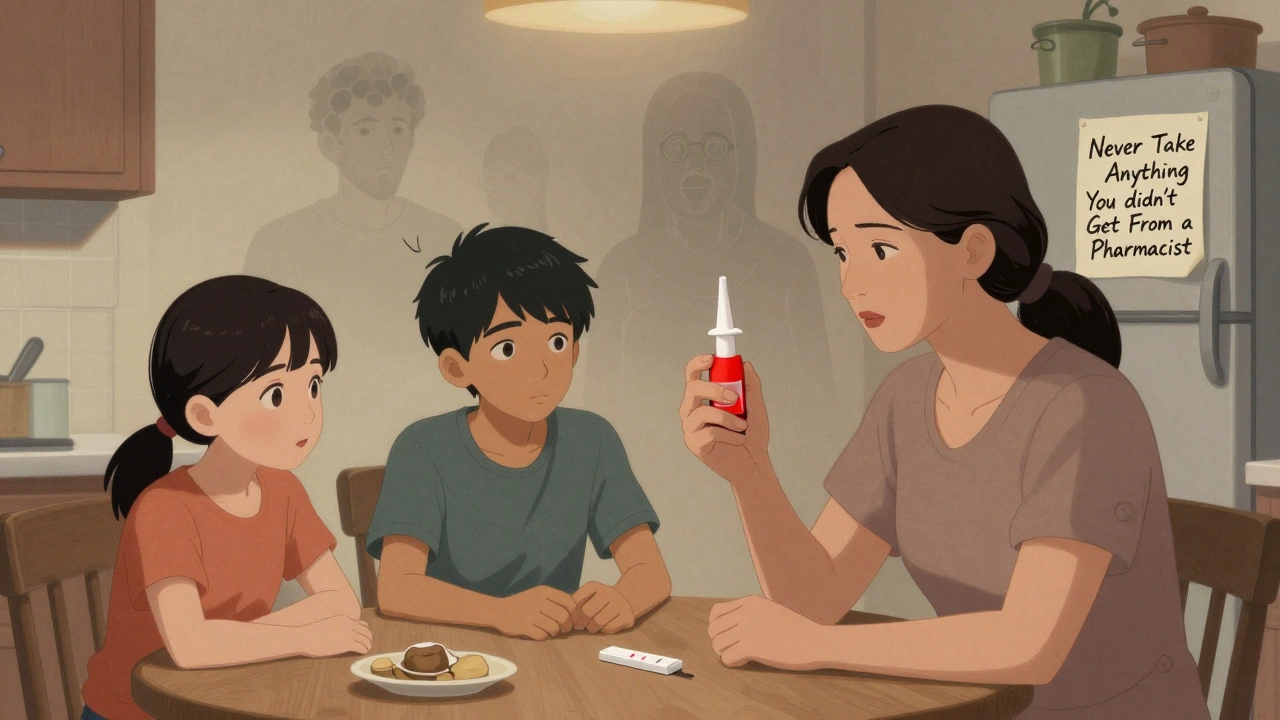 Family holding Narcan beside a fentanyl test strip, ghostly figures fading on walls in quiet manhua style.