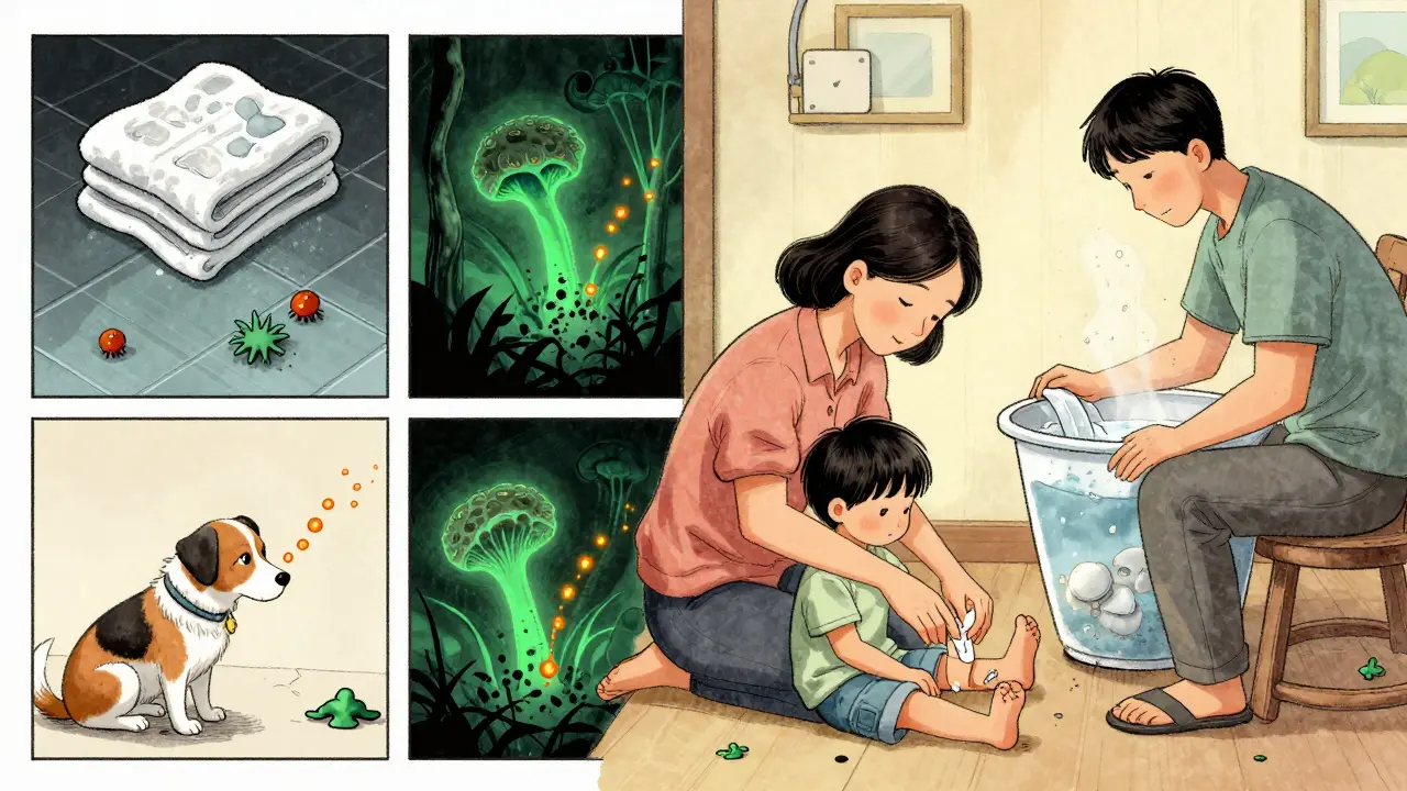 Family treating ringworm, dog with bald spot, mother applying cream, laundry boiling in background