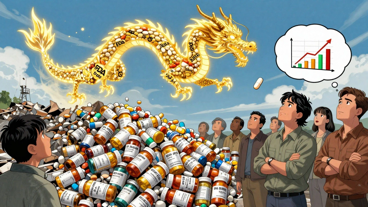 Golden dragon made of pills soaring over a landfill of expired meds, manhua style.