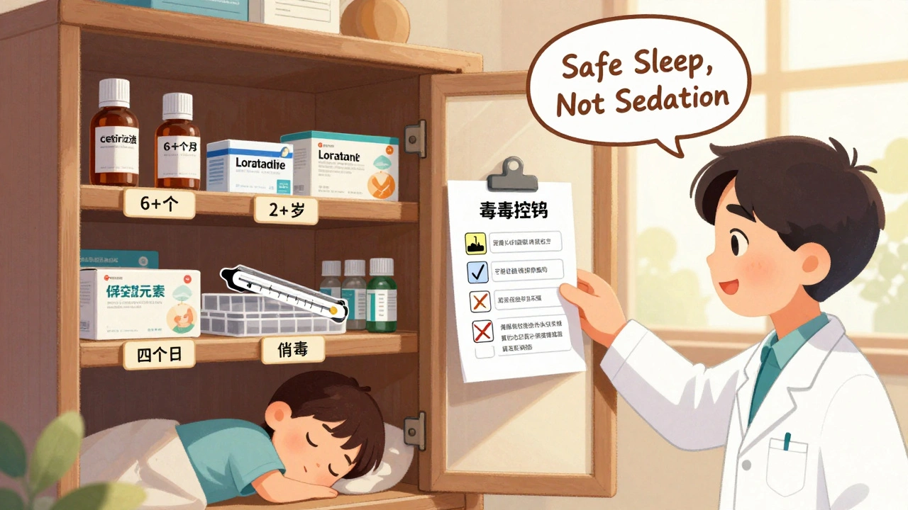 Organized medicine cabinet with labeled child-safe antihistamines and poison control number visible