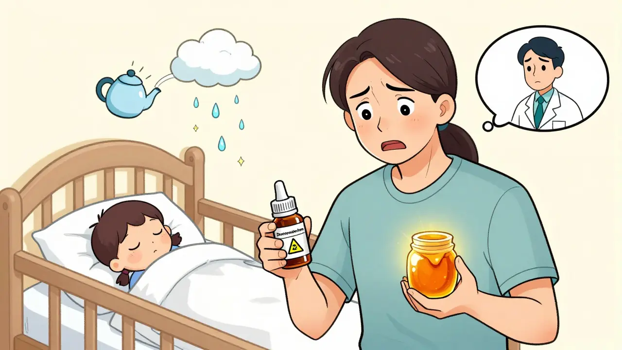 Parent choosing honey over cold medicine for a sleeping child, with steam and saline drops in background.