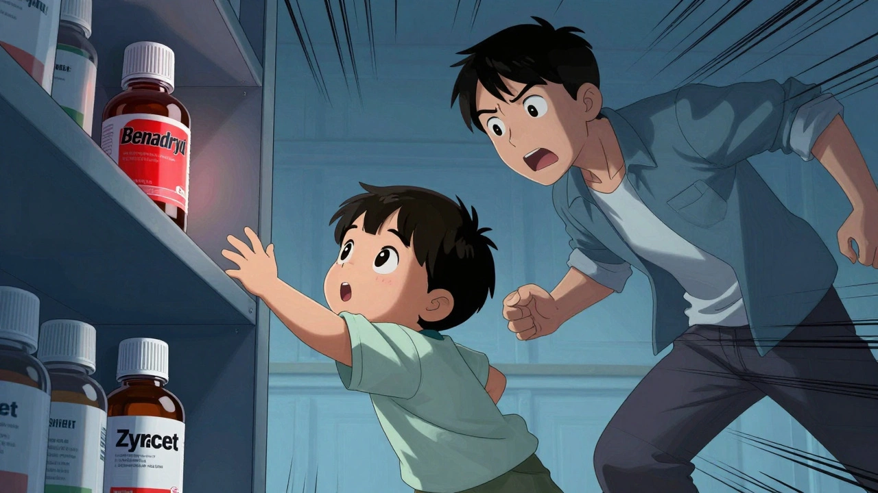 Parent stopping toddler from grabbing Benadryl bottle, dramatic tension in cartoon style